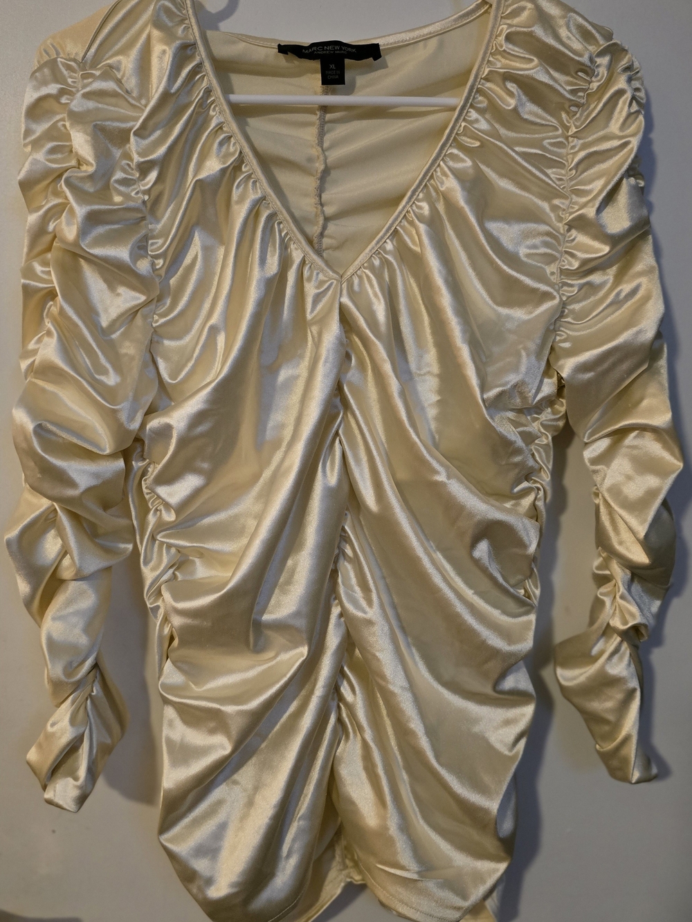 Andrew Marc Cream Satin Ruched V-Neck Long Sleeve Chemise